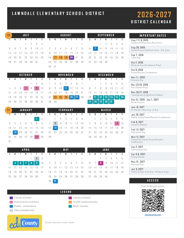 Lawndale Elementary School District printable 2026-27 calendar