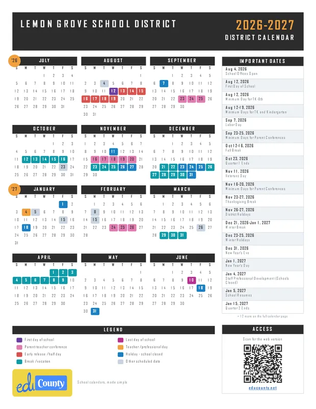 Lemon Grove School District printable 2026-27 calendar