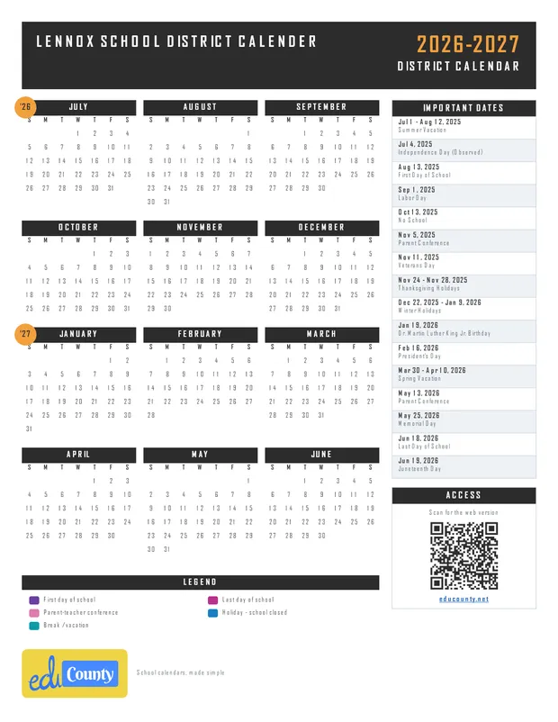 Lennox School District Calender printable 2026-27 calendar