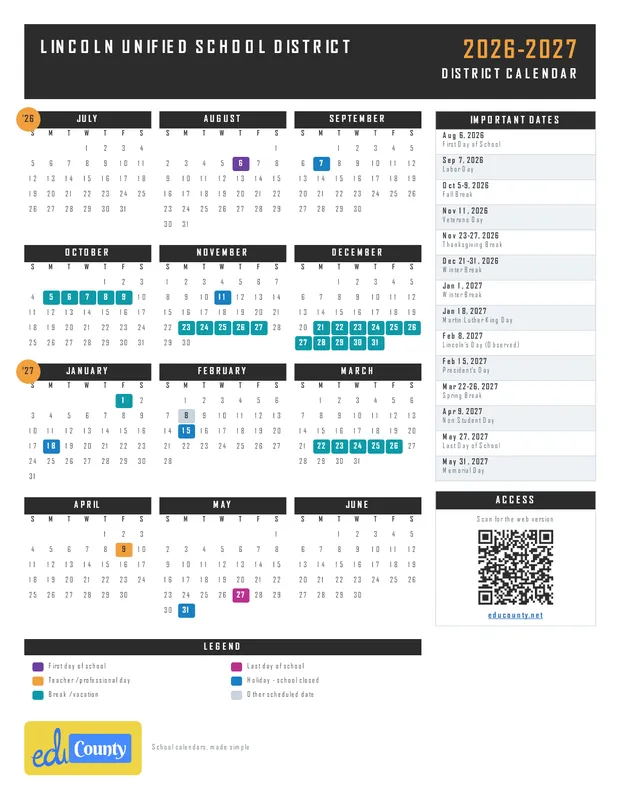 Lincoln Unified School District printable 2026-27 calendar