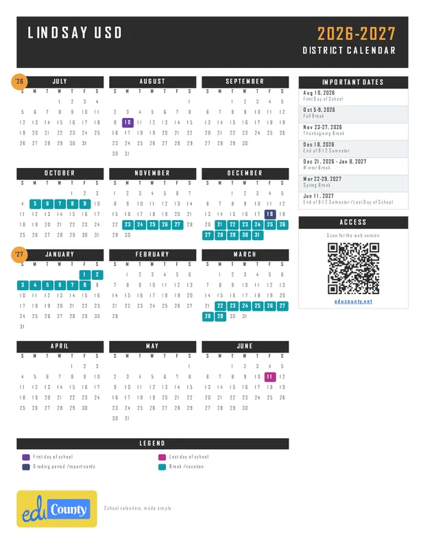 Lindsay Unified School District USD printable 2026-27 calendar
