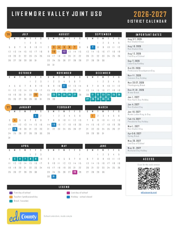Livermore Valley Joint USD printable 2026-27 calendar