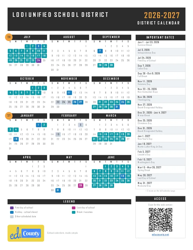 Lodi Unified School District printable 2026-27 calendar