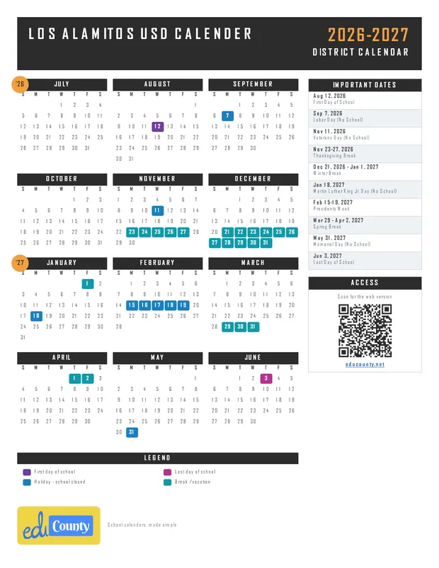 Los Alamitos USD Calender printable 2026-27 calendar