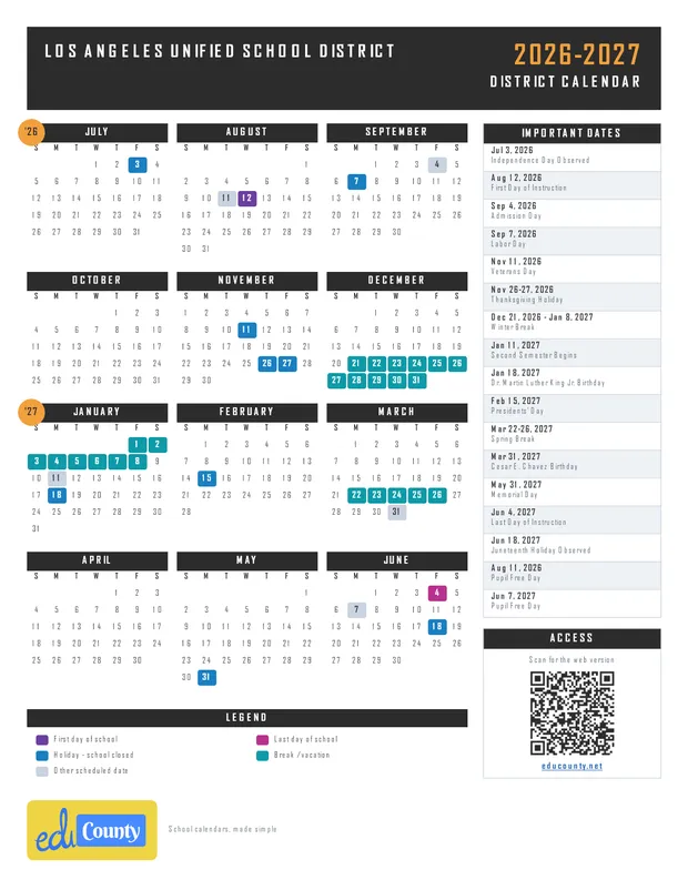 Los Angeles Unified School District printable 2026-27 calendar