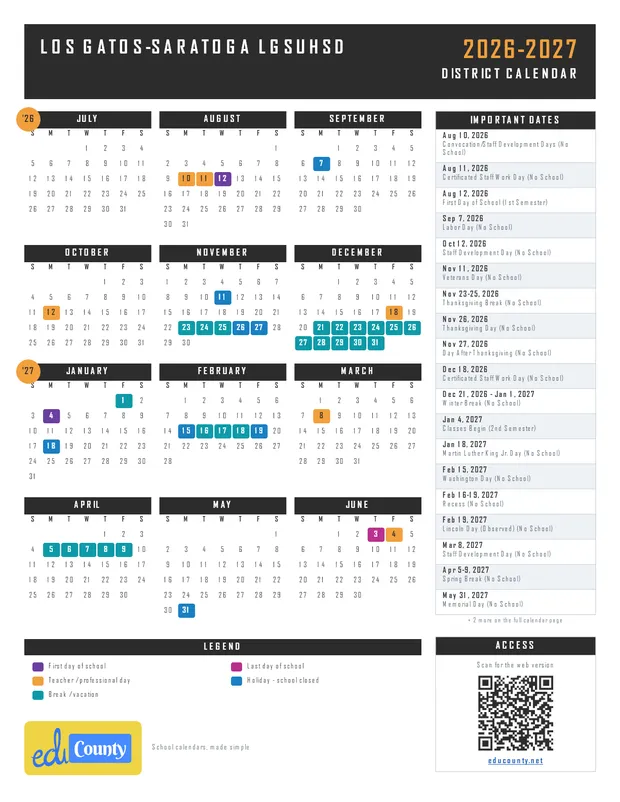 Los Gatos-Saratoga LGSUHSD printable 2026-27 calendar