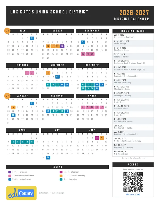 Los Gatos Union School District printable 2026-27 calendar