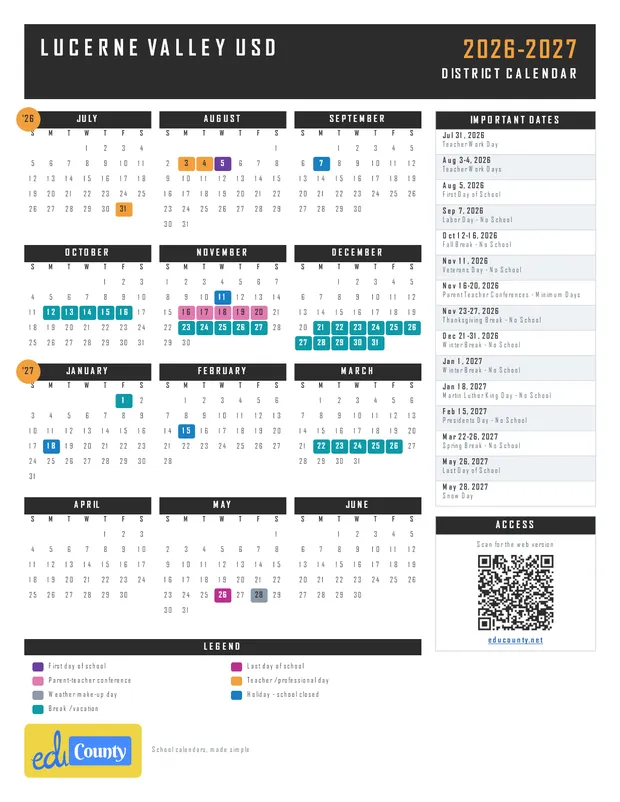 Lucerne Valley USD printable 2026-27 calendar