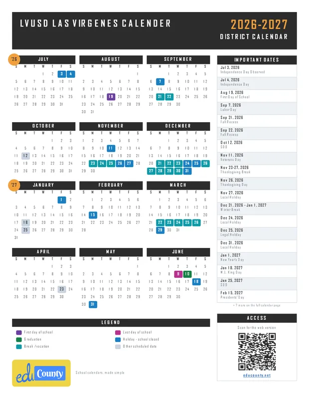 LVUSD Las Virgenes Calender printable 2026-27 calendar