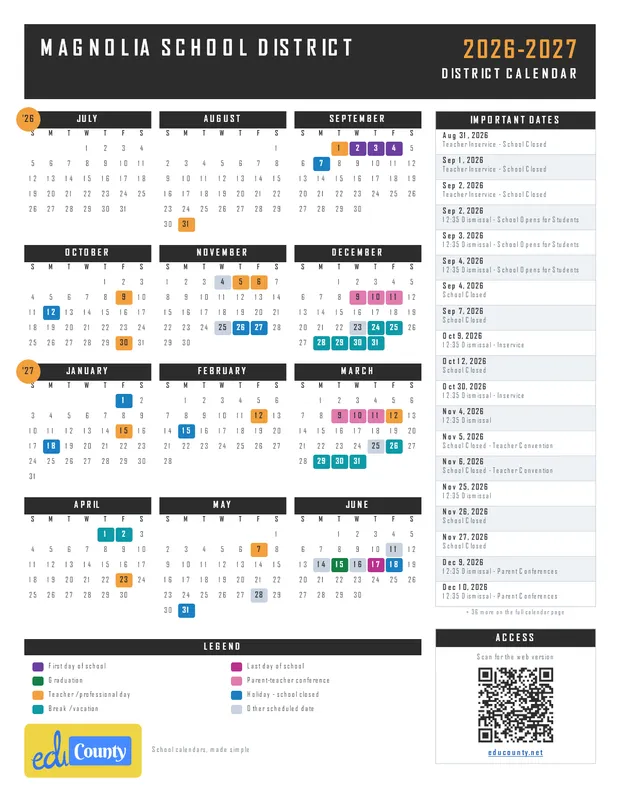 Magnolia School District printable 2026-27 calendar