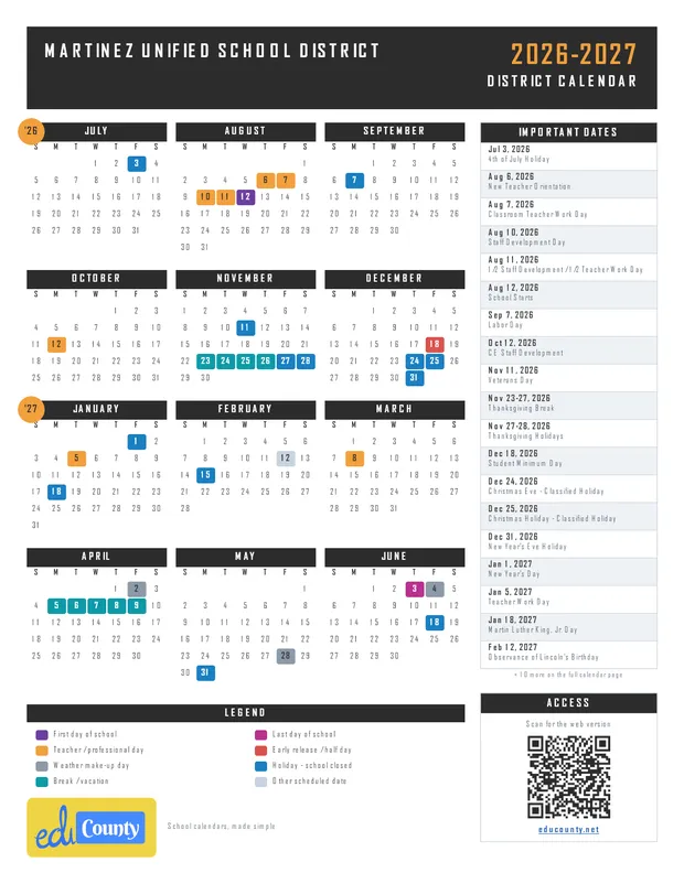 Martinez Unified School District printable 2026-27 calendar
