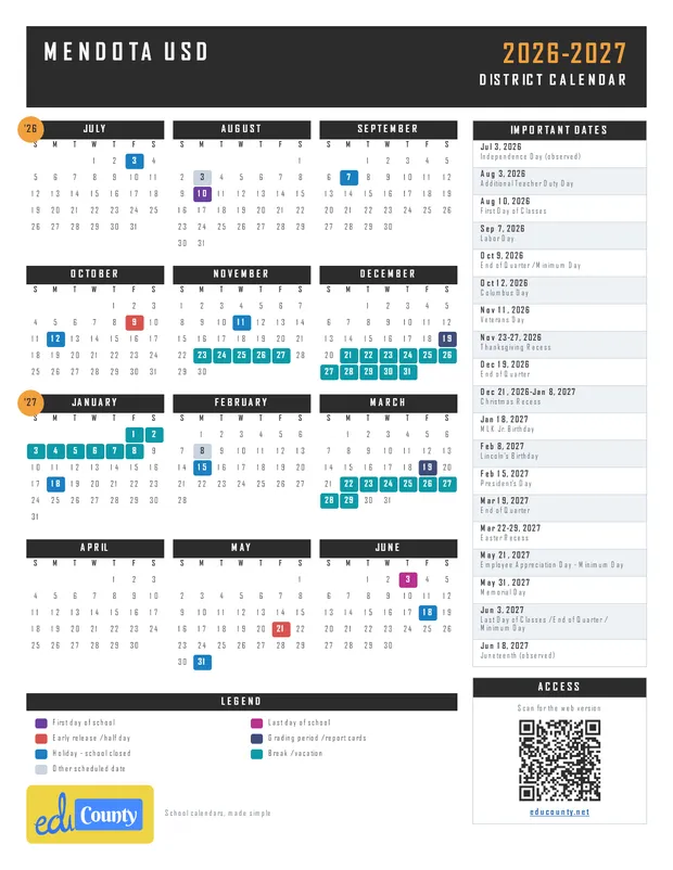 Mendota Unified School District USD printable 2026-27 calendar