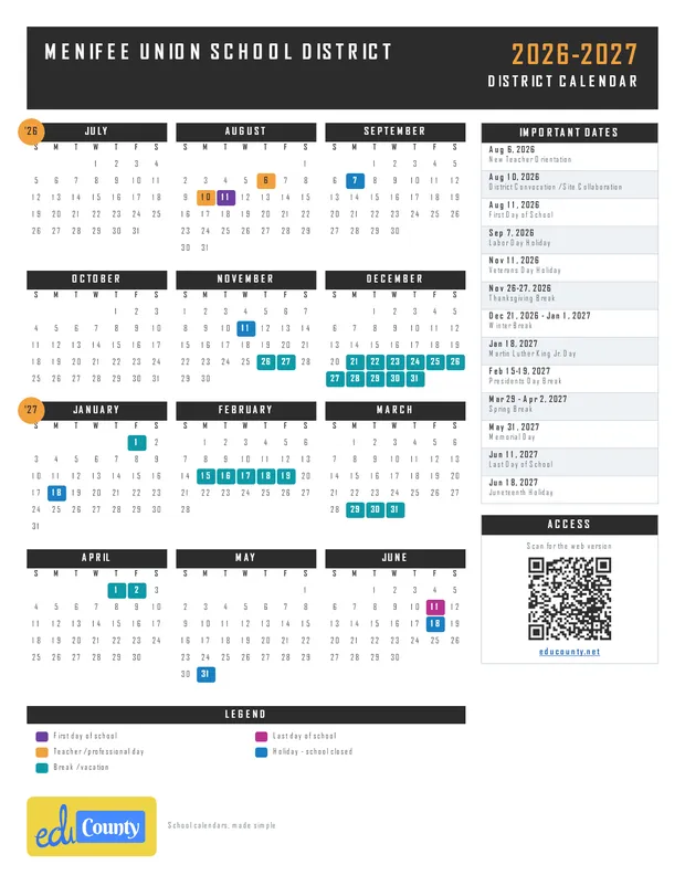 Menifee Union School District USD printable 2026-27 calendar