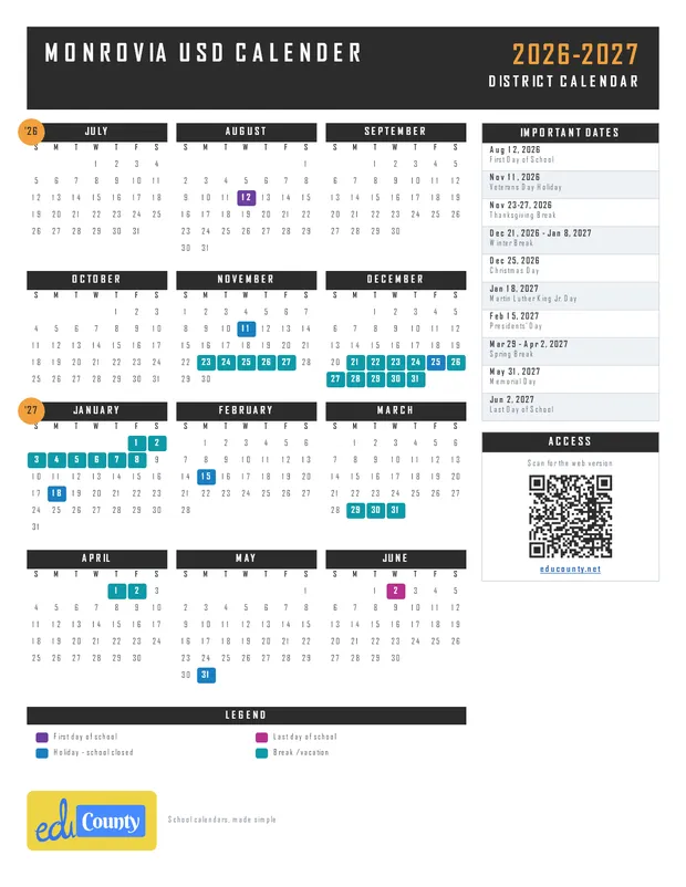 Monrovia USD Unified School District Calender printable 2026-27 calendar