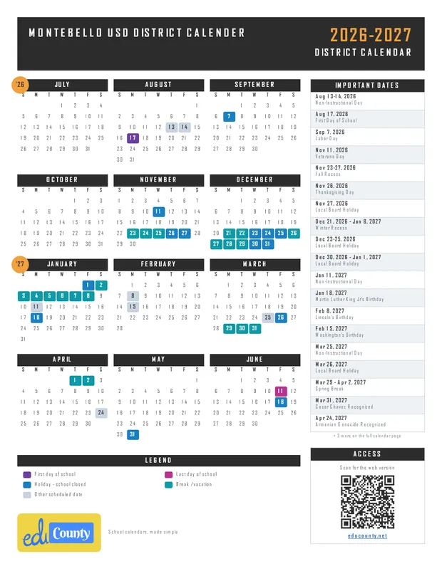 Montebello USD District Calender printable 2026-27 calendar