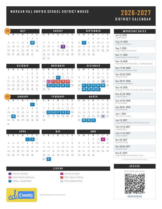 Morgan Hill Unified School District mhusd printable 2026-27 calendar