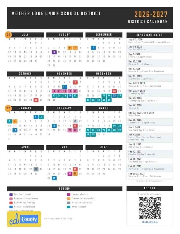 Mother Lode Union School District printable 2026-27 calendar