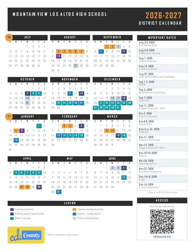 Mountain View Los Altos High School MVLA printable 2026-27 calendar