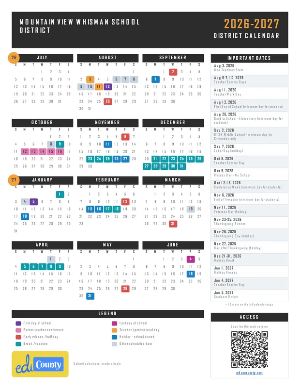 Mountain View Whisman School District printable 2026-27 calendar
