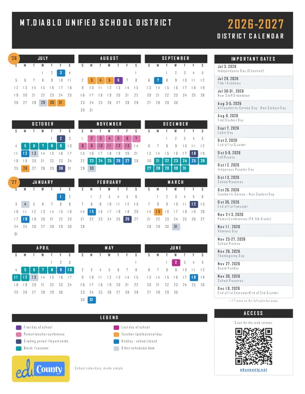 MT.DIABLO UNIFIED SCHOOL DISTRICT printable 2026-27 calendar