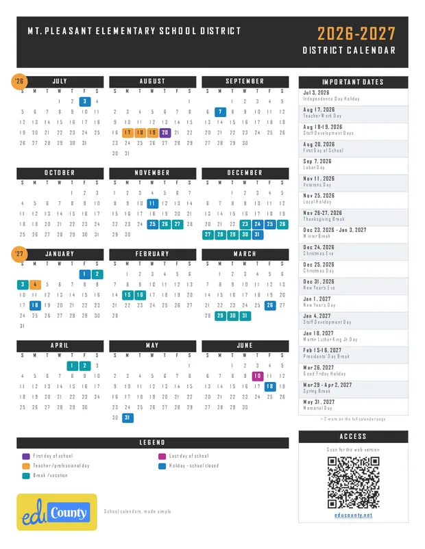 MT. PLEASANT ELEMENTARY SCHOOL DISTRICT printable 2026-27 calendar