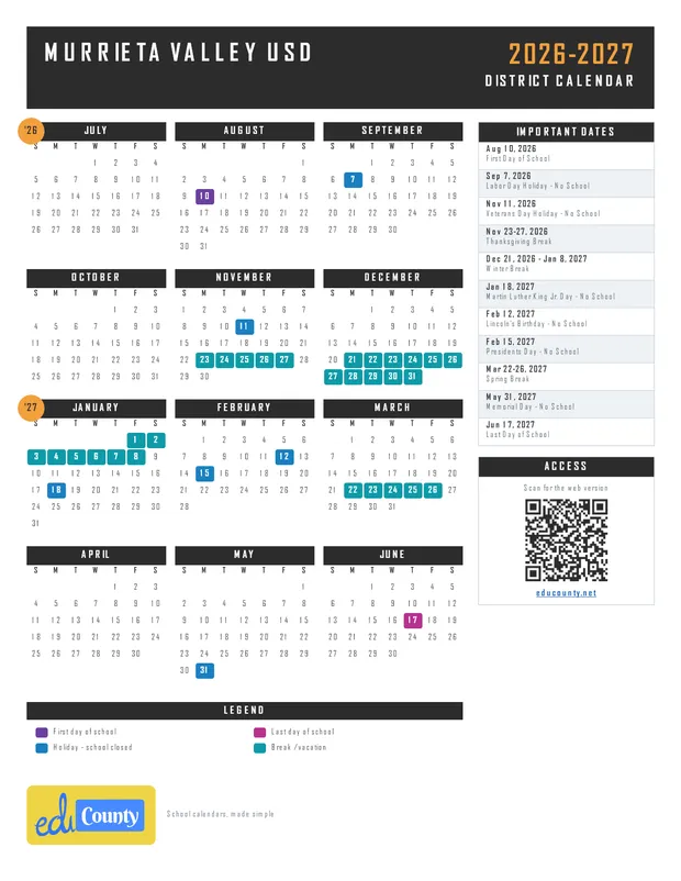 Murrieta Valley USD printable 2026-27 calendar