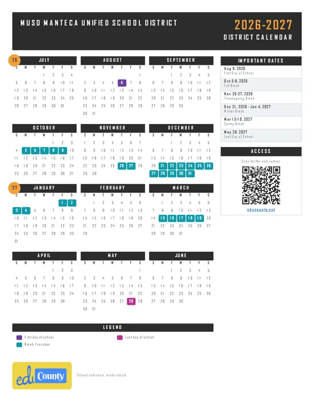 MUSD Manteca Unified School District printable 2026-27 calendar