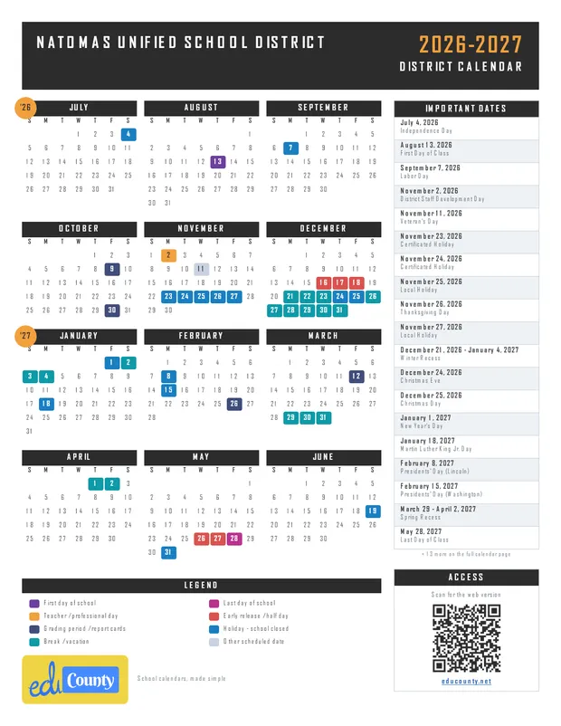 Natomas Unified School District printable 2026-27 calendar