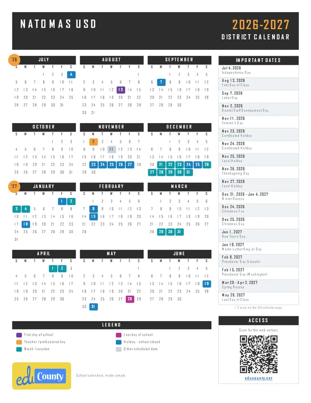 Natomas Unified School District USD printable 2026-27 calendar