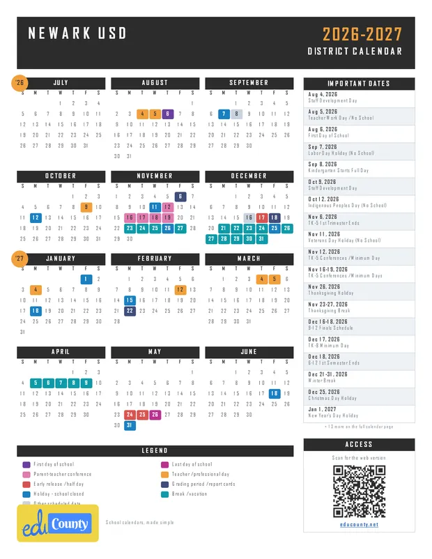 Newark Unified School District USD printable 2026-27 calendar