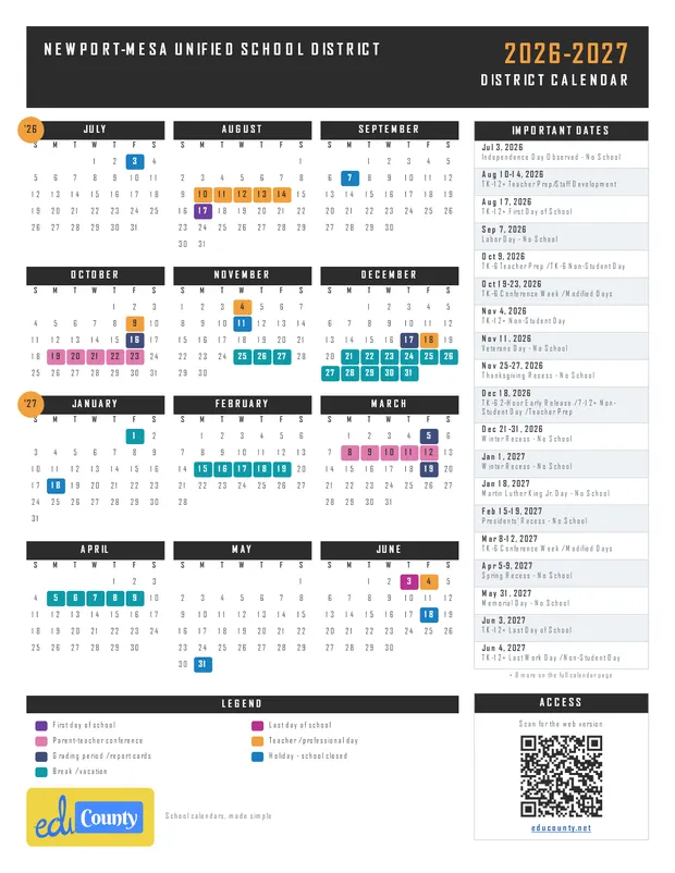 Newport-Mesa Unified School District printable 2026-27 calendar