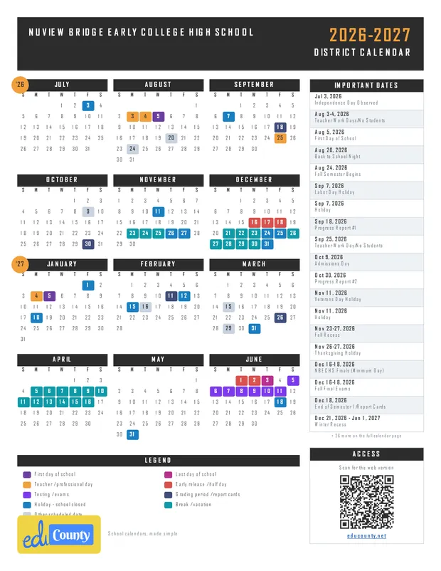 Nuview Bridge Early College High School printable 2026-27 calendar