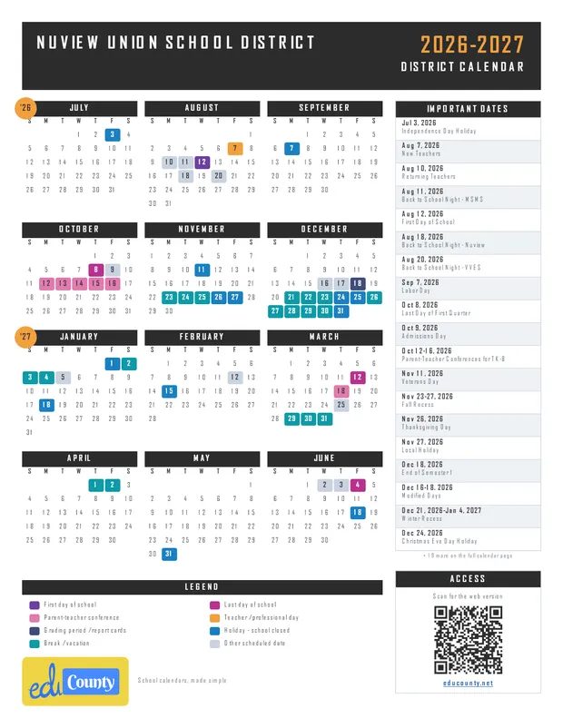 Nuview Union School District printable 2026-27 calendar