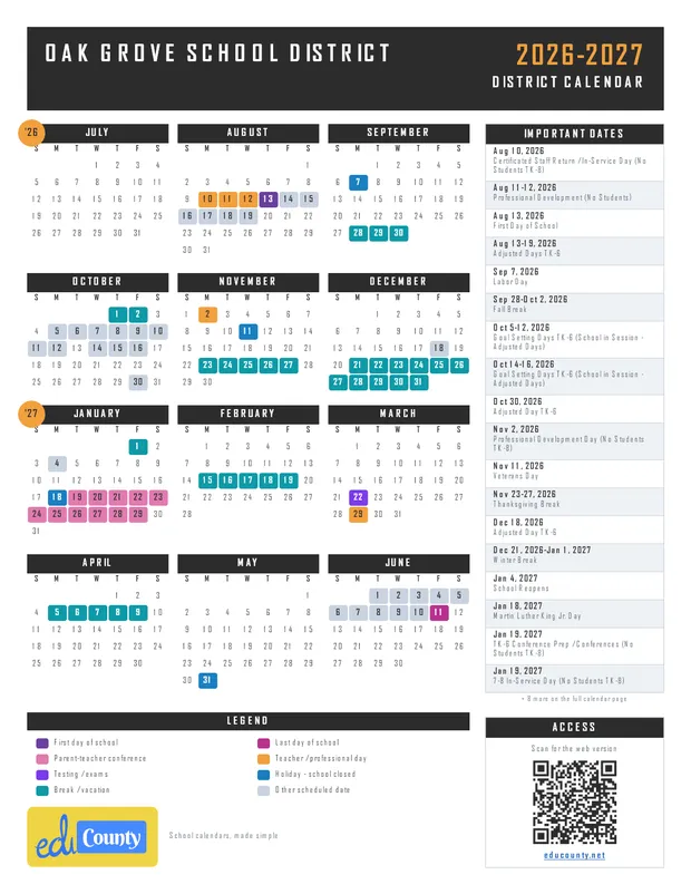 Oak Grove School District printable 2026-27 calendar