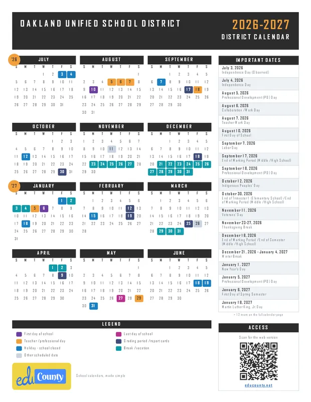 Oakland Unified School District printable 2026-27 calendar