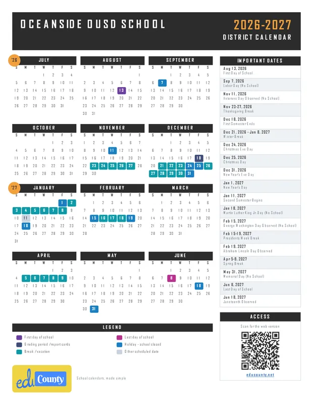 OCEANSIDE OUSD School printable 2026-27 calendar