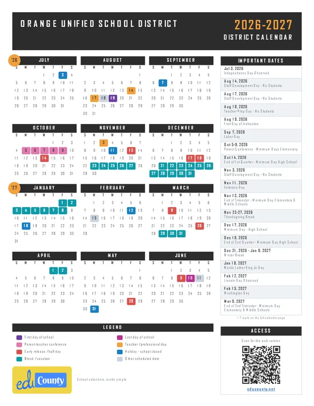 Orange Unified School District printable 2026-27 calendar