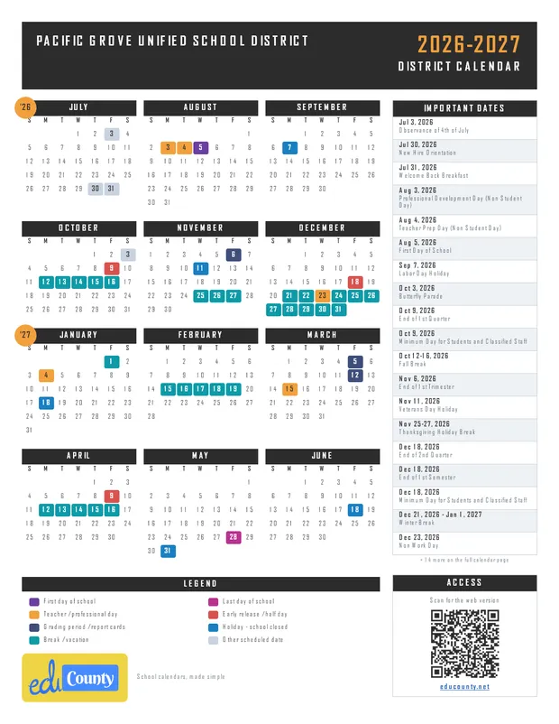 Pacific Grove Unified School District printable 2026-27 calendar