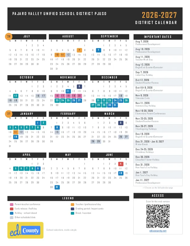 Pajaro Valley Unified School District PJUSD printable 2026-27 calendar