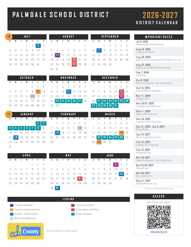 Palmdale School District printable 2026-27 calendar
