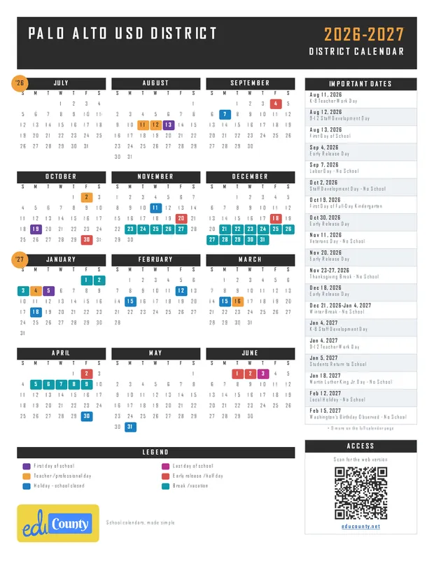Palo Alto USD District printable 2026-27 calendar