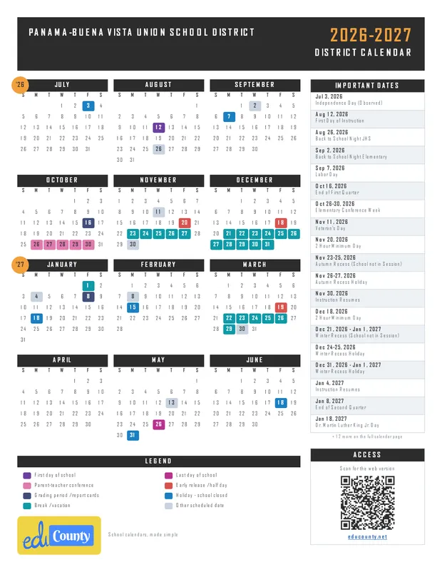Panama-Buena Vista Union School District USD printable 2026-27 calendar