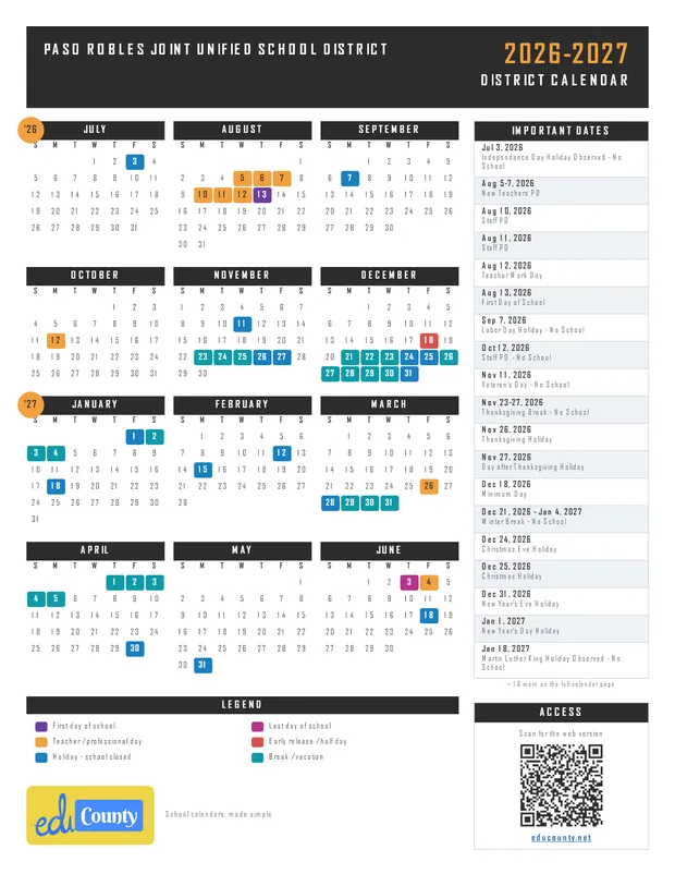 Paso Robles Joint Unified School District printable 2026-27 calendar
