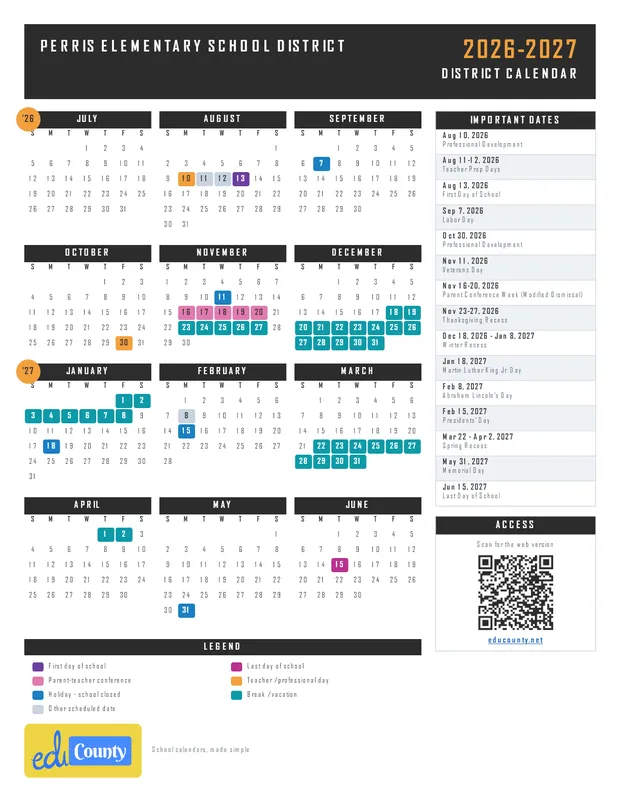 PERRIS ELEMENTARY SCHOOL DISTRICT printable 2026-27 calendar