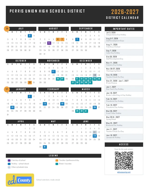 Perris Union High School District printable 2026-27 calendar