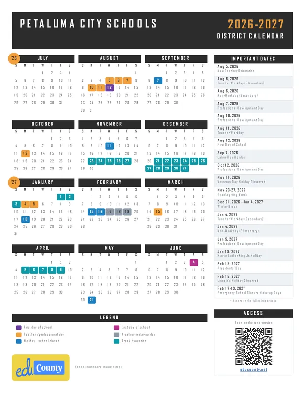 Petaluma City Schools printable 2026-27 calendar