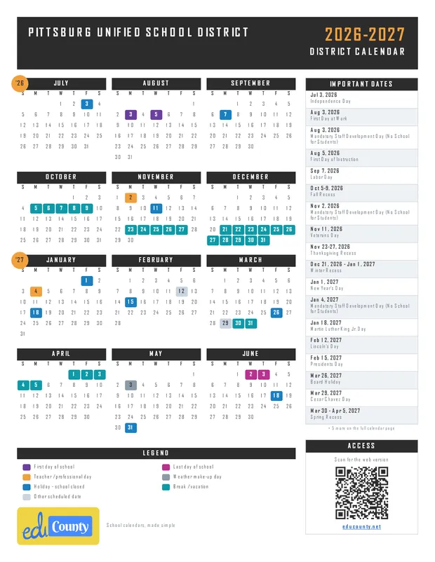 Pittsburg Unified School District printable 2026-27 calendar