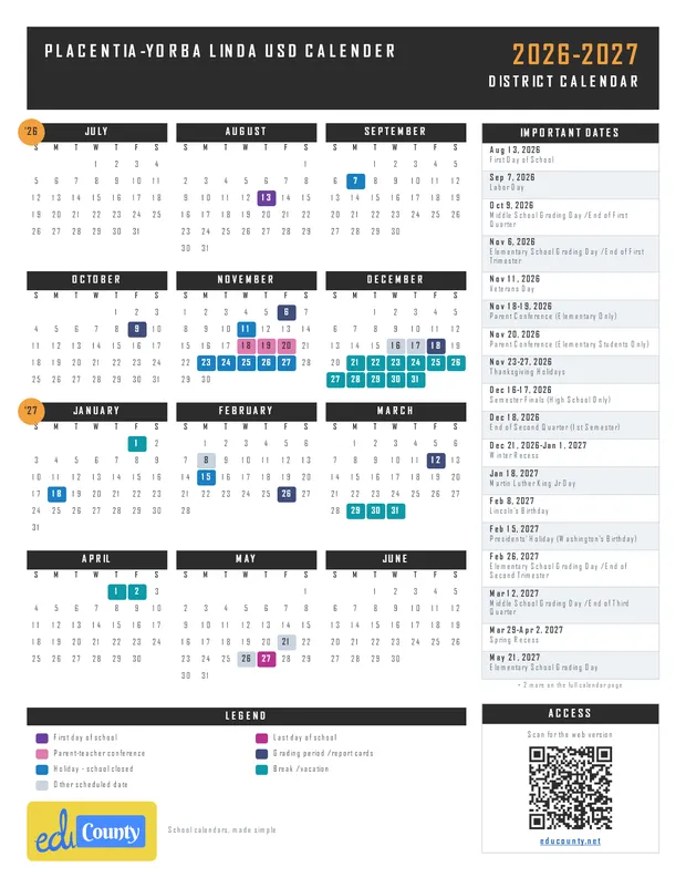 Placentia-Yorba Linda USD Calender printable 2026-27 calendar