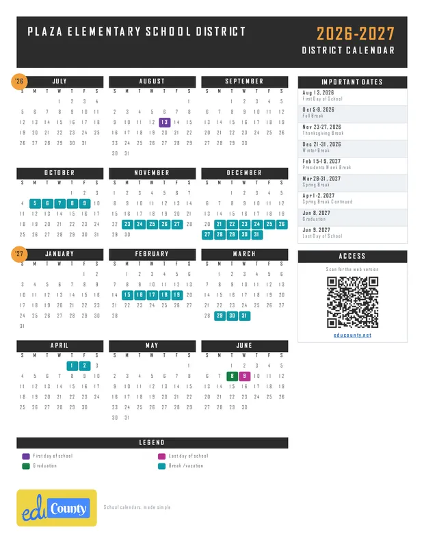 Plaza Elementary School District printable 2026-27 calendar