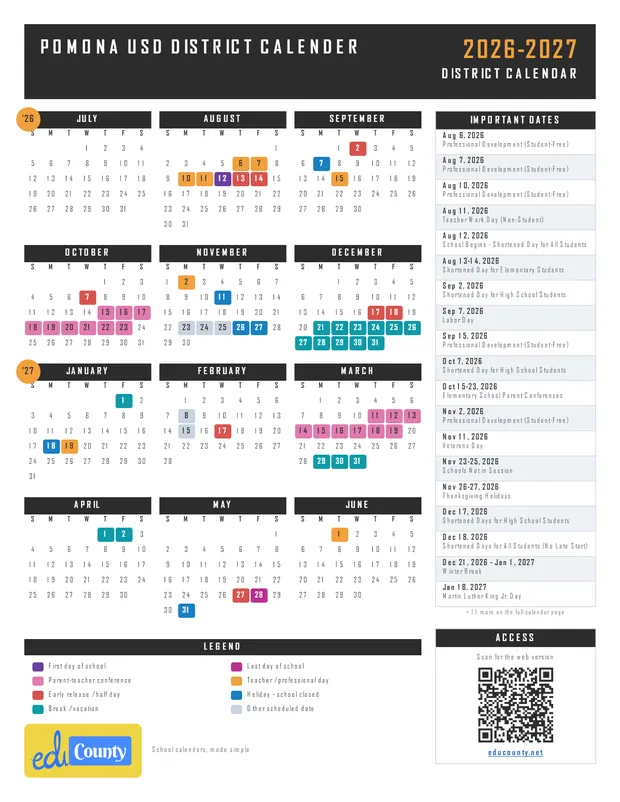 Pomona USD District Calender printable 2026-27 calendar